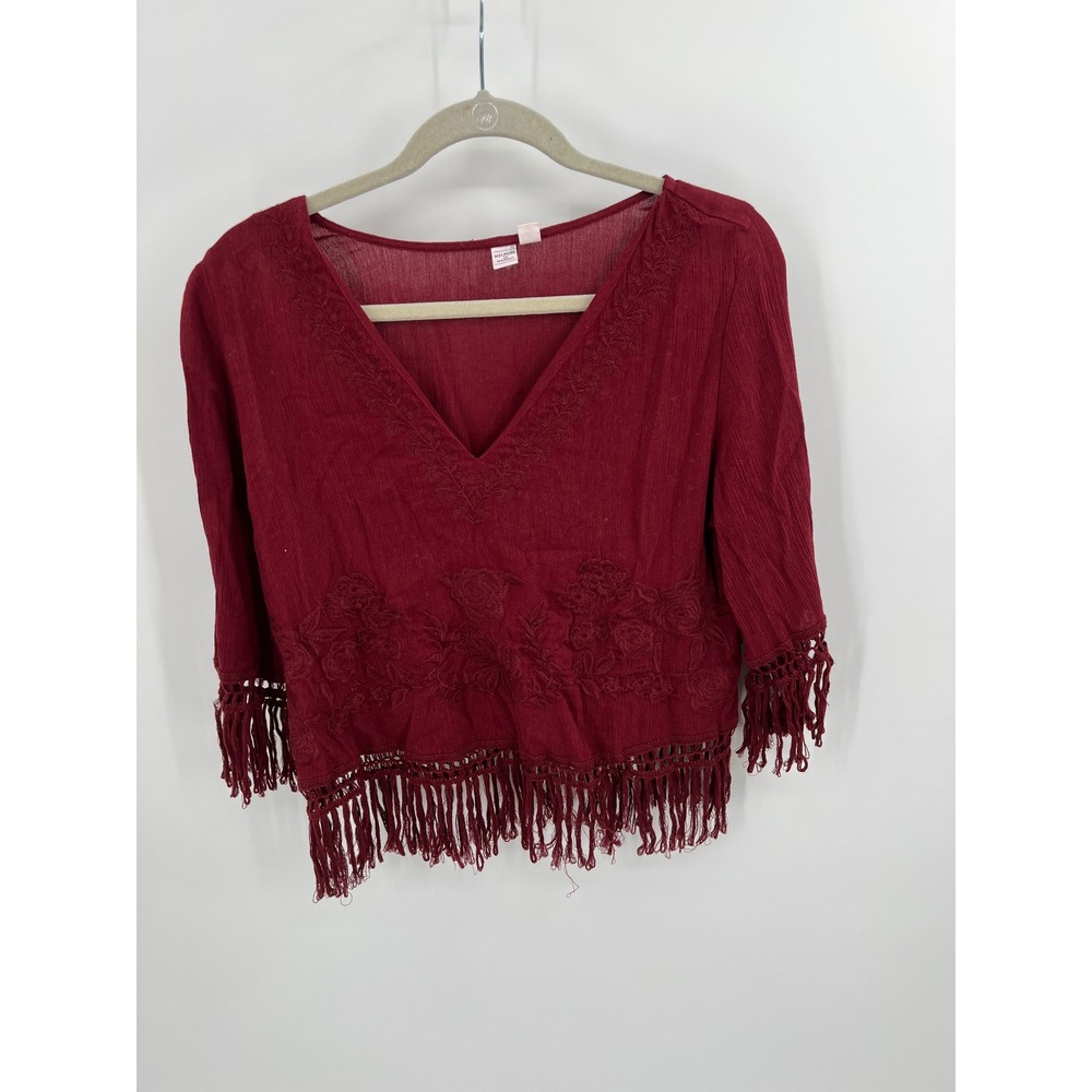 Melrose and Market Burgundy Embroidered Fringe Boho Blouse Medium Red V-Neck Top